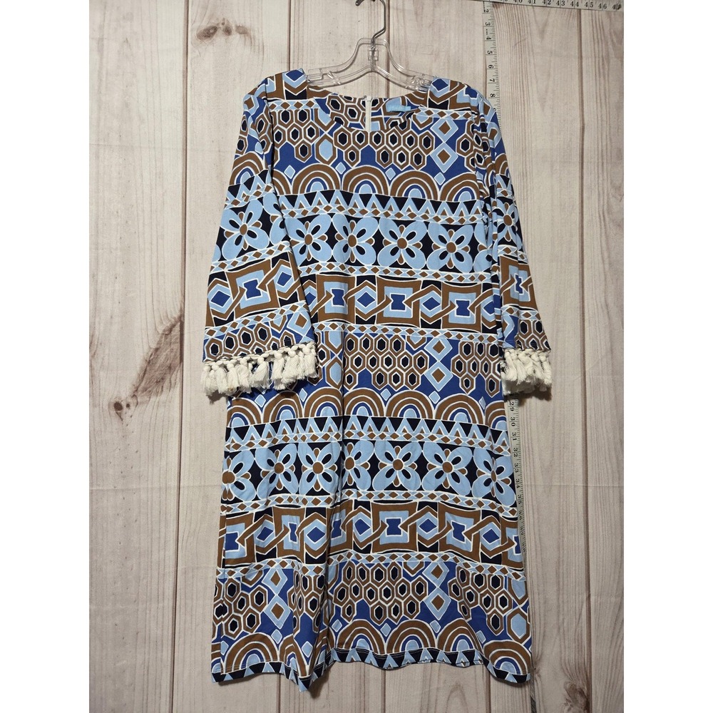 J.McLaughlin Dress Womens Large Blue Brown Geometric Shift Tassel Fringe Sleeves